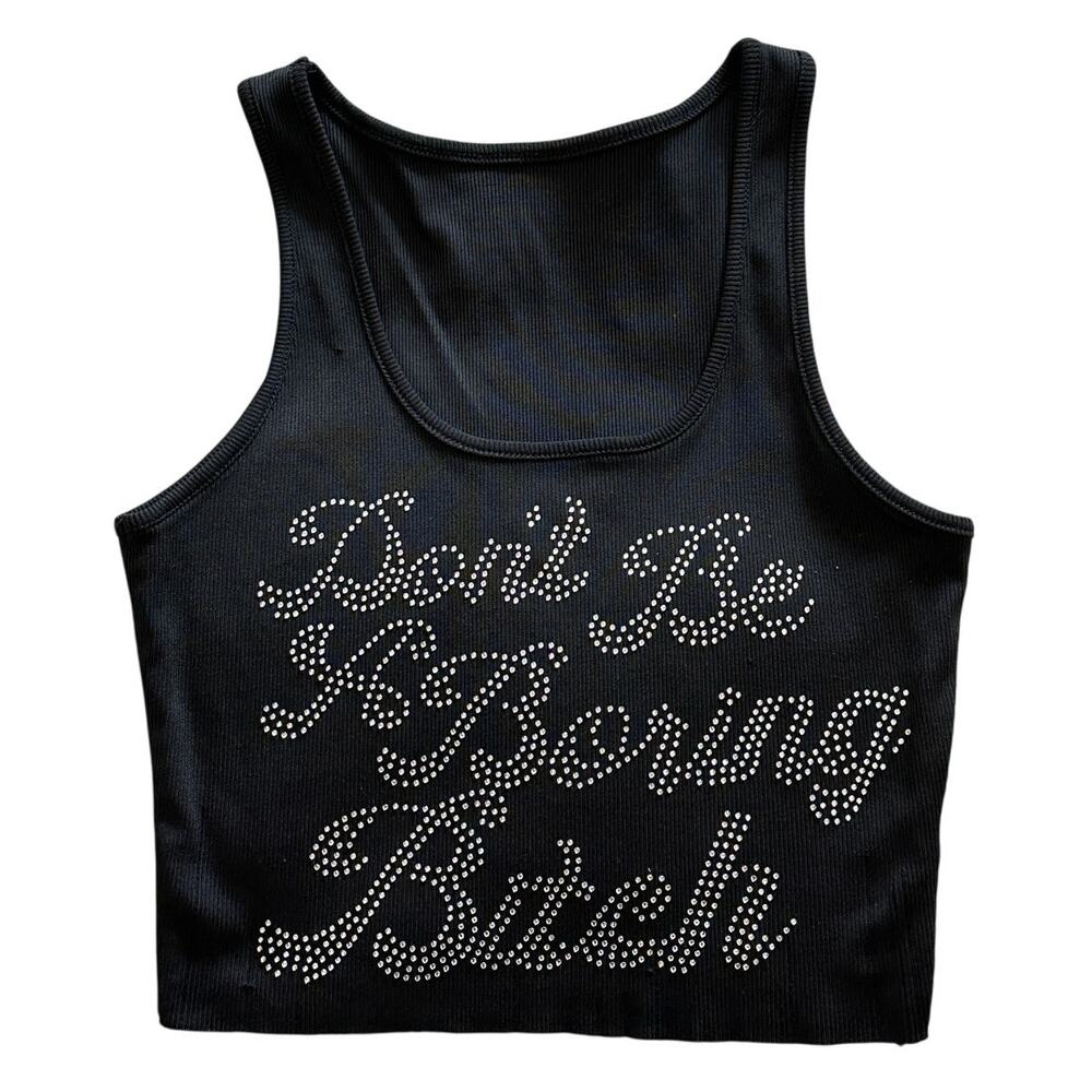 “Don’t Be Boring B” Black Rhinestone Tank Top - Size L